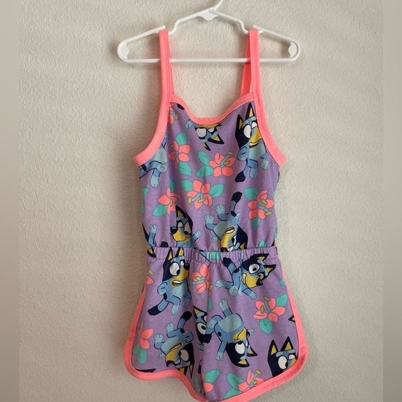 Bluey Girls purple and coral neon shorts romper with tropical flower print S6/6X - Picture 4 of 5